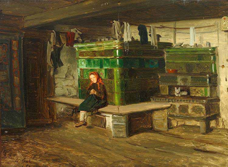 view into a Blackforest living room with small girl on the oven bench